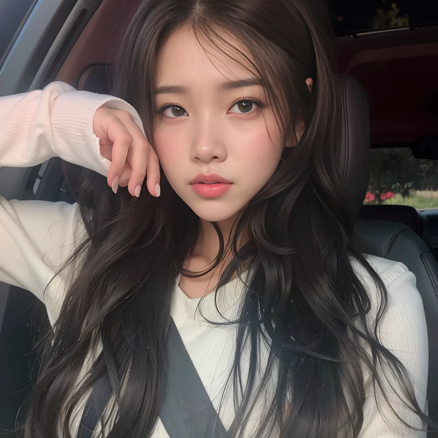 There's a woman sitting in a car with her arm over her head, Jennie Blackpink, Parque Roseanne do Blackpink, jossi do blackpink, menina coreana, Ela tem um rosto bonito, ela tem um rosto expressivo bonito, Jaeyeon Nam, com rosto redondo, wan adorable korean face, korean face features, Ulzzang, 🤤 retrato da menina, south east asian with round face