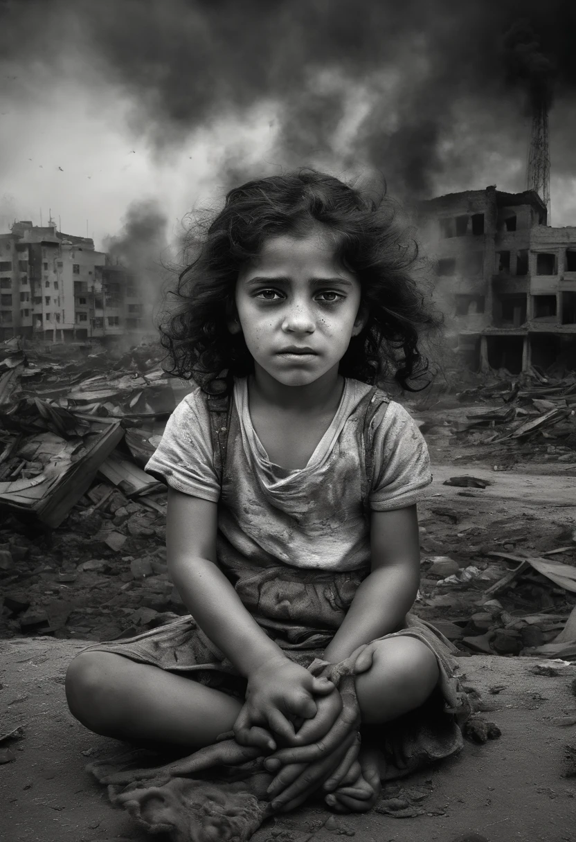 A surreal depiction of a little girl, Sit sadly, in pain, (eyes shedding tears, The face is focused on the camera), A sense of disorder, a Palestinian, Curly hair, Dusty face and fabric, (A city in the background is destroyed by fire, Human body on the ground, Some people are crying, palestinian child crying, Palestine, Gaza Demolished buildings), Ultra-detailed, Vibrant colors, Black and gray shades, Highly emotional imagery, Surrounded by swirling black smoke against a dark and haunting backdrop. The image must be located at the charming 16:9 format.