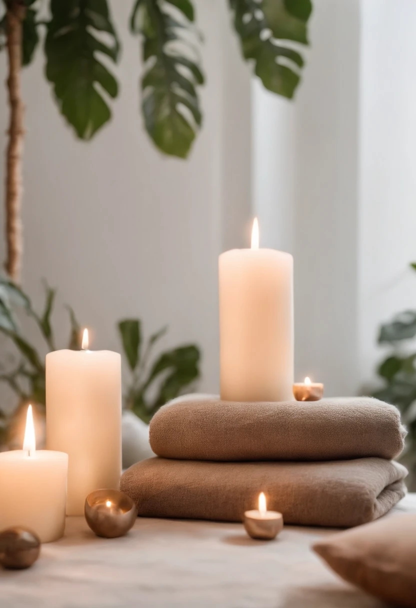 desenhe imagem de sala de massagem com velas, flores roxas, maca e toalhas