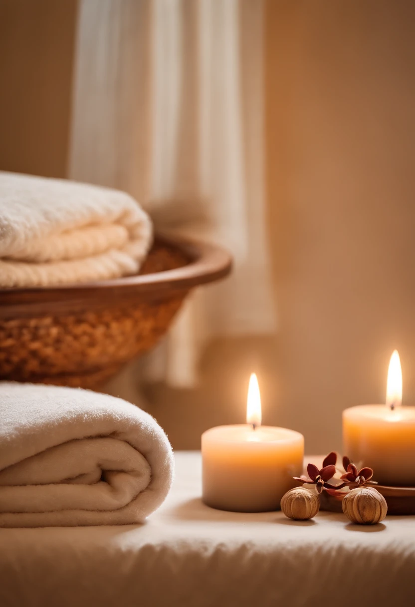 desenhe imagem de sala de massagem com velas, flores roxas, maca e toalhas