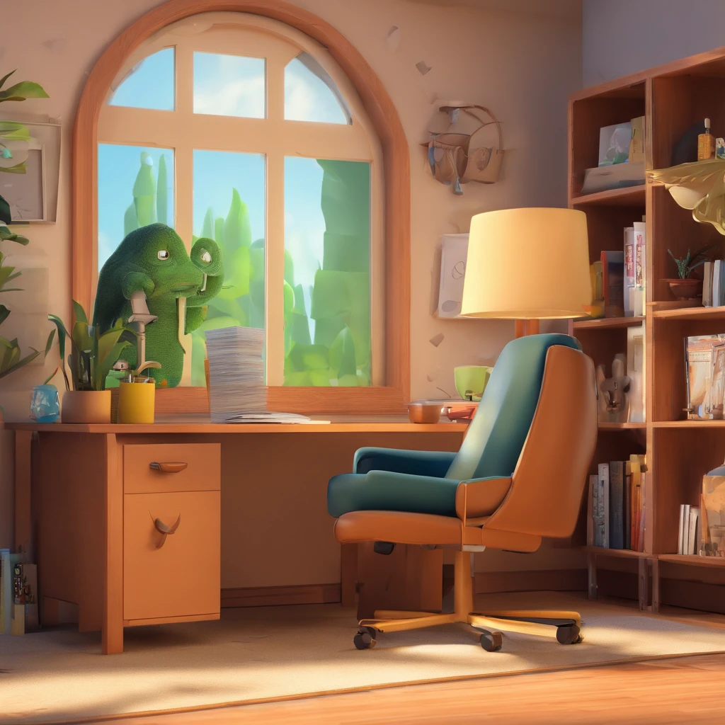 Crie um cartaz inspirado na Disney Pixar com a personagem com cabelo escuro, In an office with a book on the table. escritorio da equatorial. com banner na parede