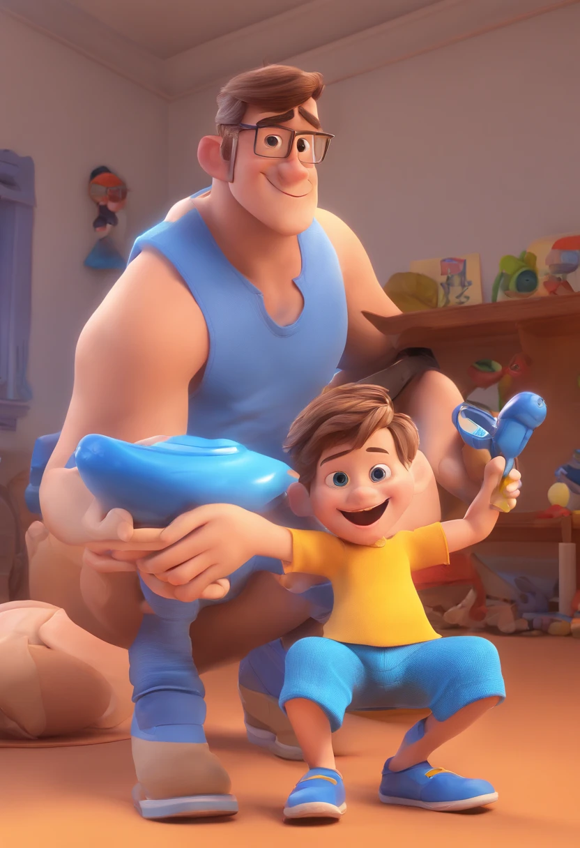 Estilo Pixar: The grown man is holding a naked blue-eyed boy and in his other hand he is holding a pair of scissors and is trying to cut off the boy's testicles,3D Poster,Disney