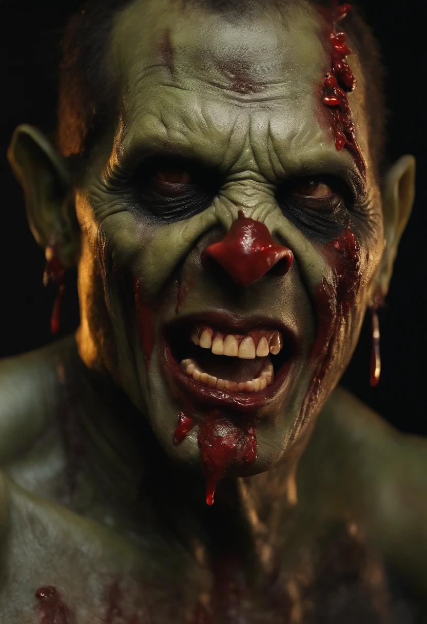 Crie uma pintura realista de um zumbi sem pele, sem olhos, totalmente ensanguentado, dripping with blood and with pointed teeth and large claws on their feet and hands. He's a Horror RPG Fiction monster.