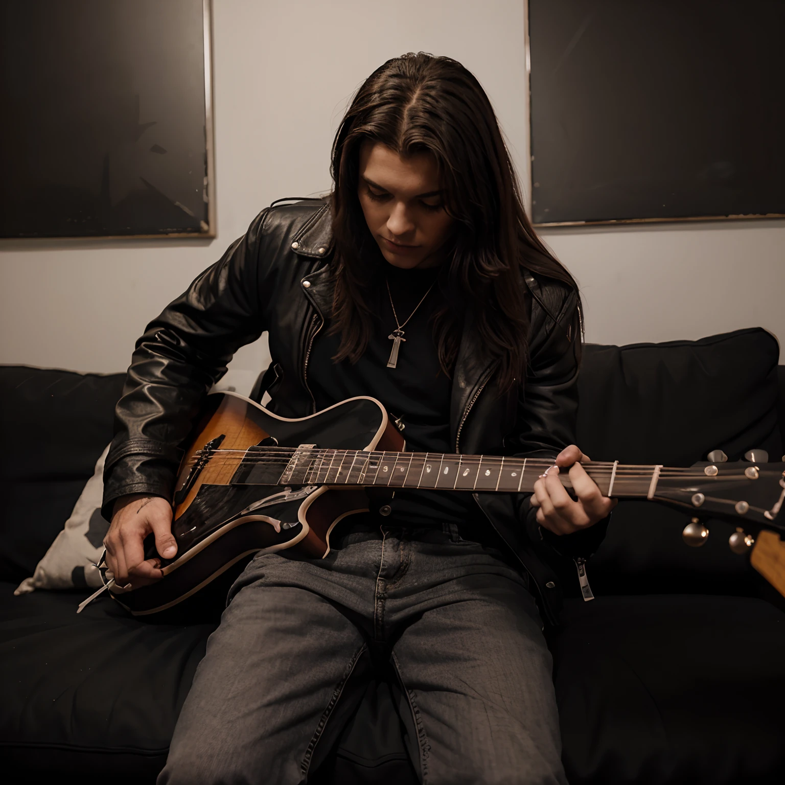 Lincol negro com jaqueta preta tocando guitarra pix