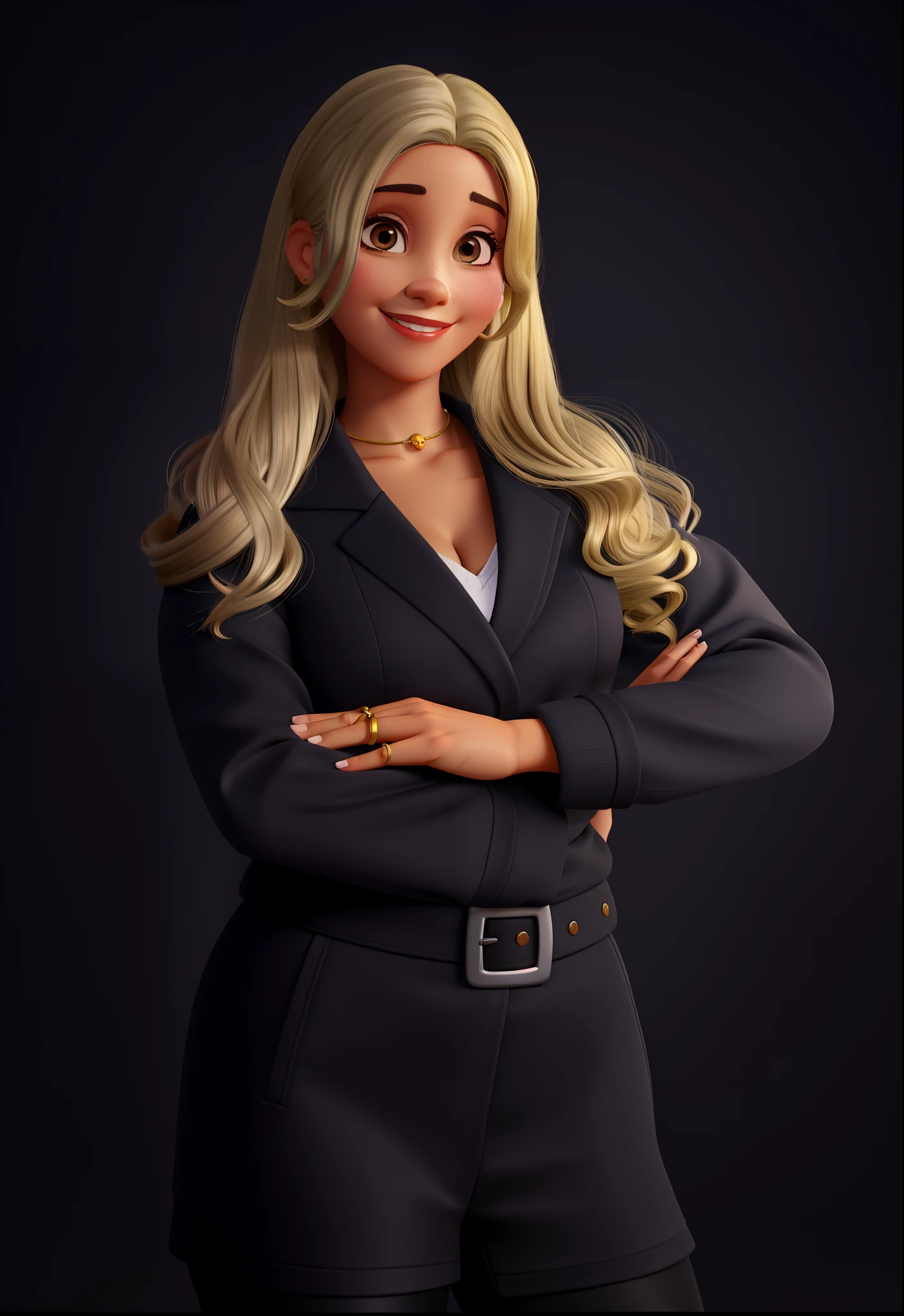 Mulher loira, cabelo amarelo, cabelo liso, olhos pretos, terno preto, executiva de investimento, batom vermelho, sorrindo, alta qualidade