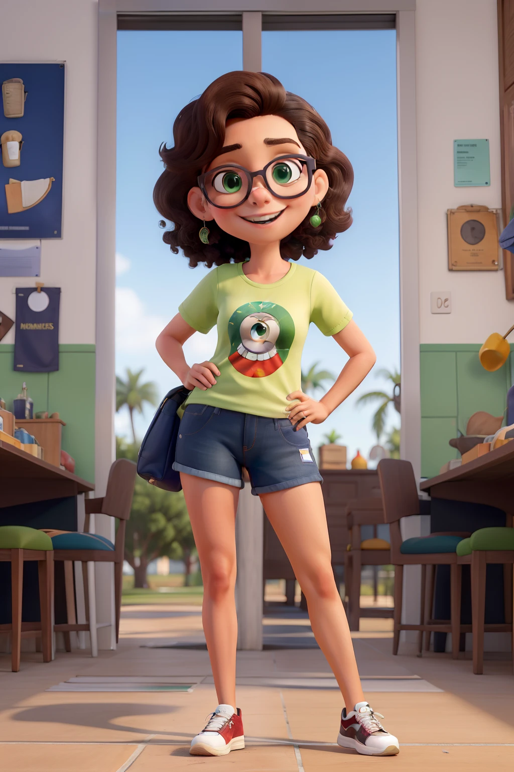 Obra-prima, de melhor qualidade, uma jovem professora, acima do peso, alta, cabelos longos encaracolados loiro escuro, green eyes and glasses, usando saia preta e uma camiseta com frase lacradora, usando tenis all star cano alto e um sorriso incondicional com seus alunos de sexto ano