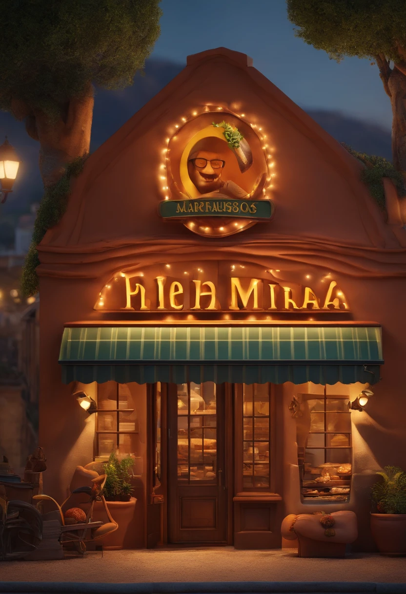 Desenho em estilo 3D da Pixar de uma loja de churrasqueiras, wood-burning stoves and pizza ovens. The name of the store is Grill Land. It has cheerful and happy people buying the pieces and its owner is a 46-year-old man, bonito, Hair combed up with a small topknot and on the sides is shaved. A loja tem muita pizza, muito churrasco, Colorful balloons, cores laranja, amarelo e muita madeira. Tem