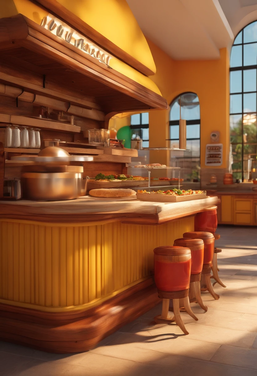 Desenho em estilo 3D da Pixar de uma loja de churrasqueiras, wood-burning stoves and pizza ovens. The name of the store is Grill Land. It has cheerful and happy people buying the pieces and its owner is a 46-year-old man, bonito, Hair combed up with a small topknot and on the sides is shaved. A loja tem muita pizza, muito churrasco, Colorful balloons, cores laranja, amarelo e muita madeira. Tem