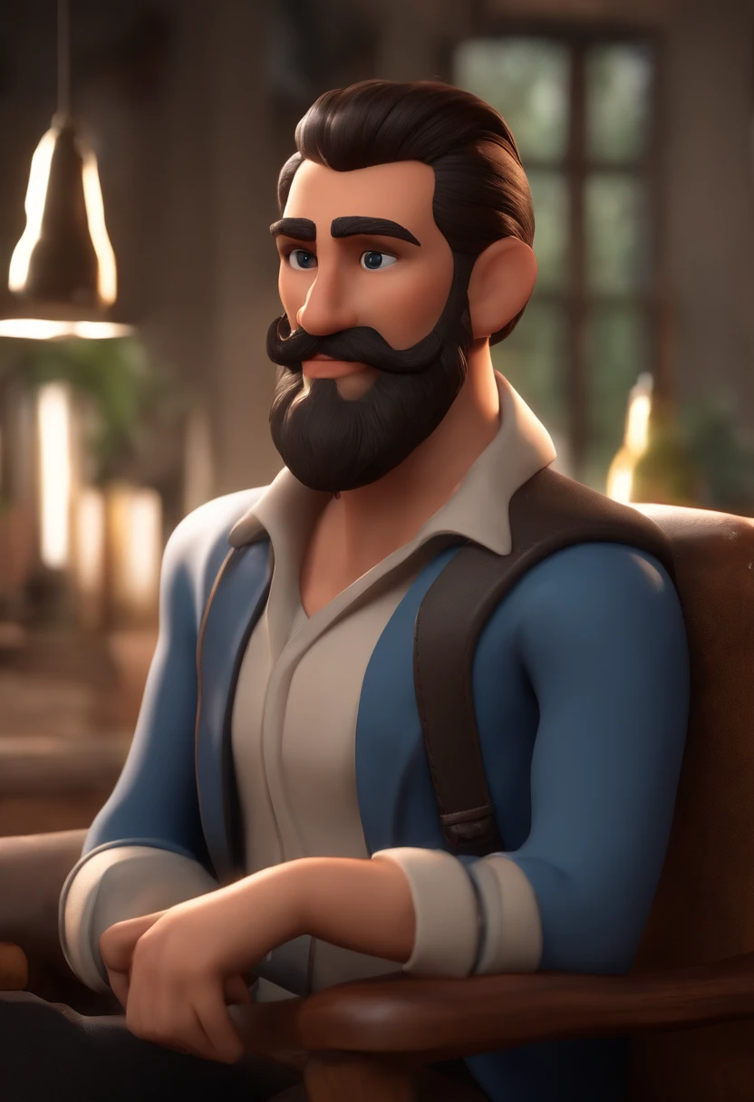 Personagem de desenho animado de um homem com a barba cerrada e a camisa escrito, cabelo liso, With beard and old school tattoo on his arm, animation character, Caractere estilizado, animation style rendering, 3D estilizado, Arnold Maya render, 3 d render stylized, toon render keyshot, Personagem 3D, Personagem 3D, 3d rendering stylized, 3 d character render, personagem de desenho animado, Personagem de close up, Pose de personagem, (Estilo Pixar) (master part:1.2) (Bokeh) (best quality) (pele detalhada) (textura detalhada) (8k) (argila) (Cinematic lighting) (foco nítido
