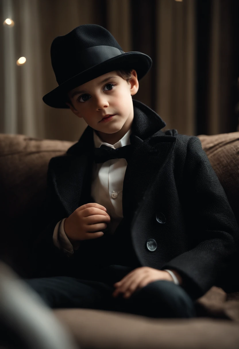 (masterpiece) (best quality) (ultra detailed), 1boy, white eyes, black hair, wearing black hat, wearing black trench coat, fancy setting, sitting on couch, elegant.