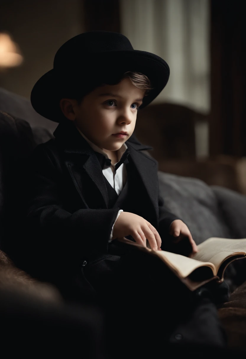 (masterpiece) (best quality) (ultra detailed), 1boy, white eyes, black hair, wearing black hat, wearing black trench coat, fancy setting, sitting on couch, elegant.