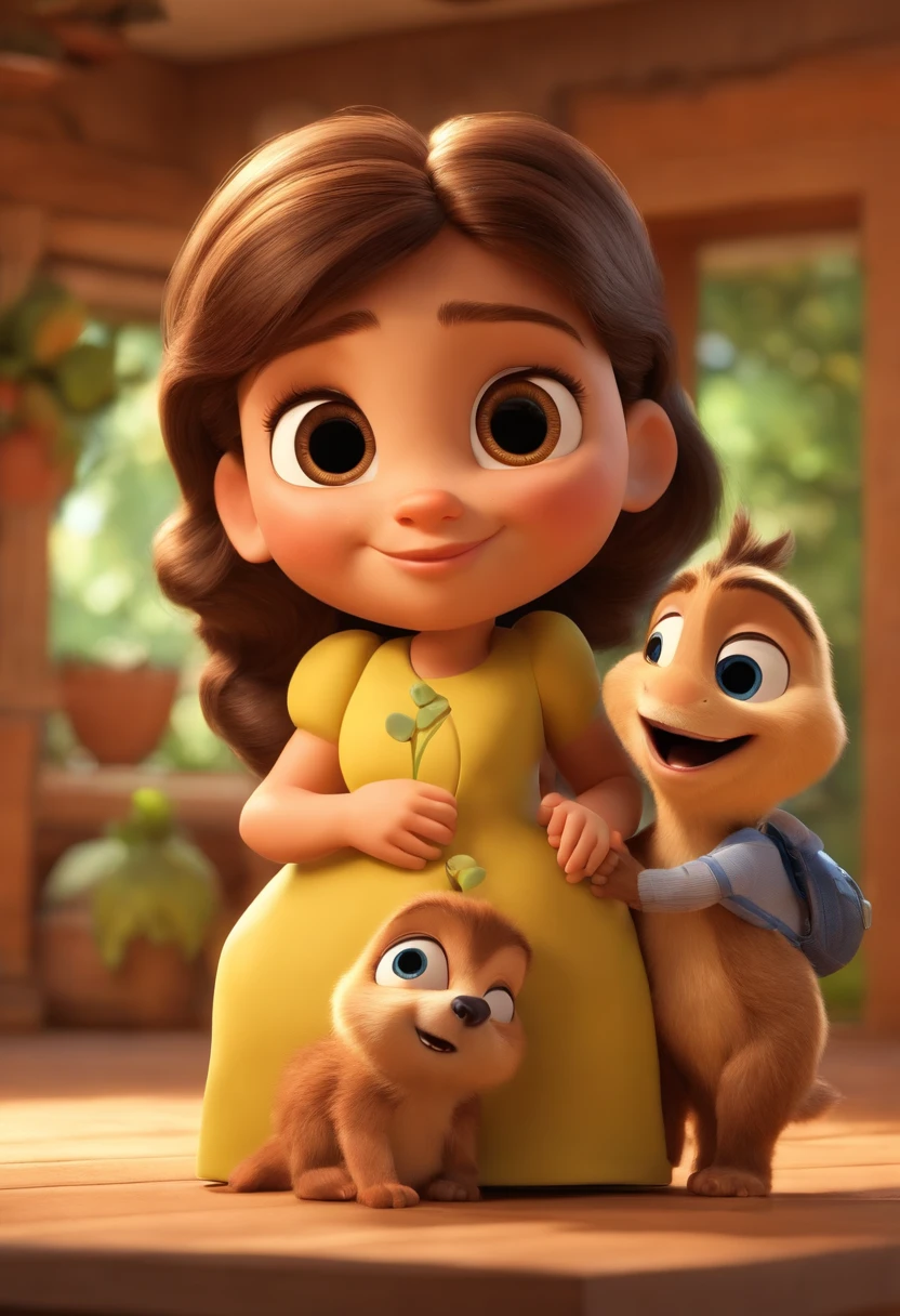 Create a Disney PIXAR-style 3D poster. ((centro da imagem, Triplets)), ((3 )) ((1 menino no meio e 2 meninas ao lado, They're hugging each other, O menino tem pele castanha e cabelos castanhos escuros e olhos castanhos escuros, 1 menina tem pele clara, olhos e cabelos escuros e cacheados, e a outra menina tem pele morena, olhos escuros e cabelos escuros e lisos)) ((tudo isso no estilo Disney PIXAR 3D, In the background, A house of sunflowers, Gloria Studio, The garden is full of nature 3D render RTX clay material, estilo de design cartunesco, POP Mart, soft lighting, linhas suaves, Spring tilt, Detailed illustrations of PIXAR 3D, Detalhes hiper-realistas, cor quente no estilo Disney PIXAR 3D))