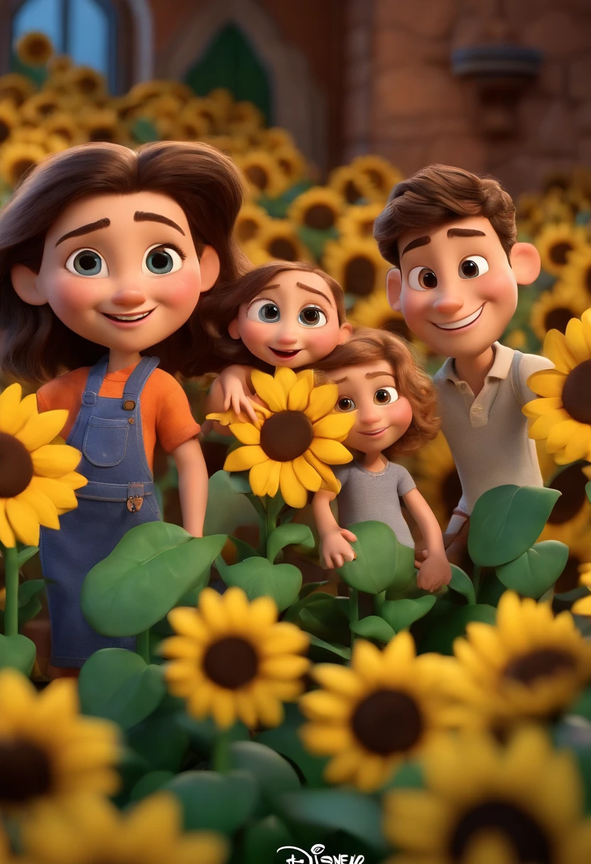 Create a Disney PIXAR-style 3D poster. ((centro da imagem, Triplets)), ((3 children)) ((1 menino no meio e 2 meninas ao lado, They're hugging each other, O menino tem pele castanha e cabelos castanhos escuros e olhos castanhos escuros, 1 menina tem pele clara, olhos e cabelos escuros e cacheados, e a outra menina tem pele morena, olhos escuros e cabelos escuros e lisos)) ((tudo isso no estilo Disney PIXAR 3D, In the background, A house of sunflowers, Gloria Studio, The garden is full of nature 3D render RTX clay material, estilo de design cartunesco, POP Mart, soft lighting, linhas suaves, Spring tilt, Detailed illustrations of PIXAR 3D, Detalhes hiper-realistas, cor quente no estilo Disney PIXAR 3D))