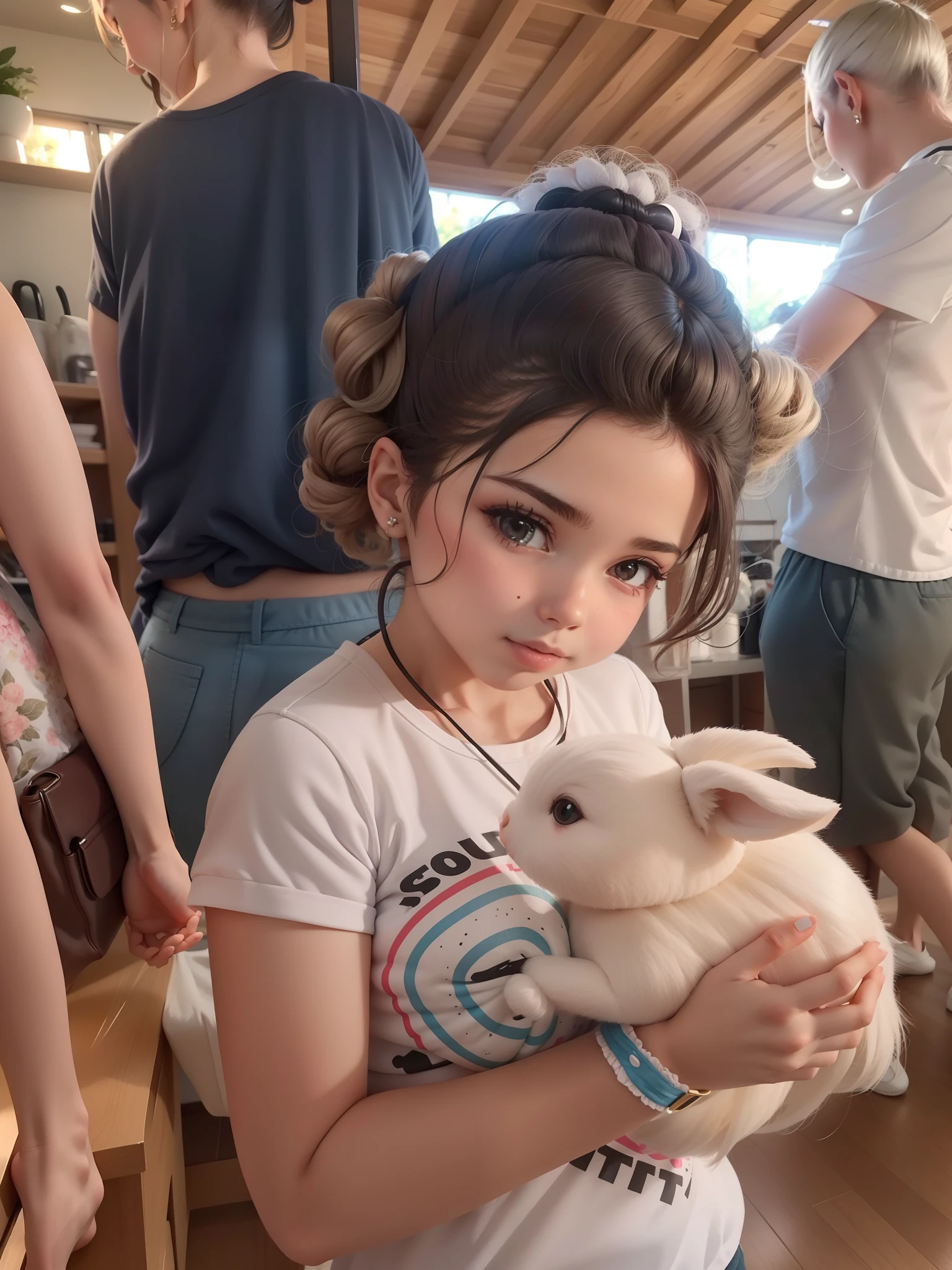 Menina, cabelo cacheado, pinned ponytail on top of the head, segurando um coelho branco