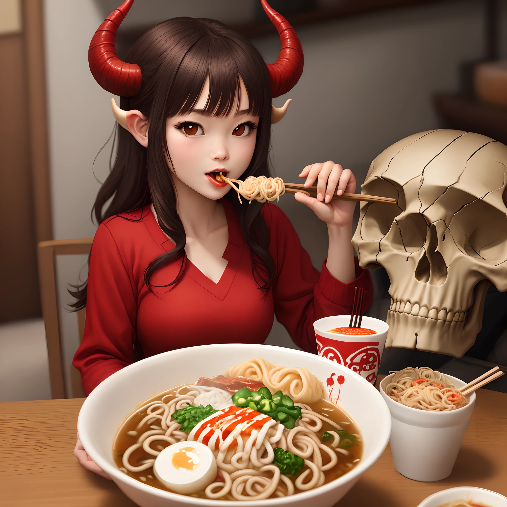 A red devil girl with ram horns eating ramen from a skull