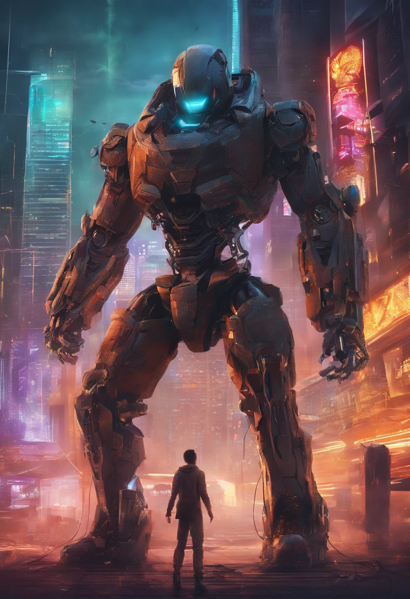 (best quality,highres,ultra-detailed,realistic:1.2), male with robotic arms wearing sleeveless hoodie, brown-eyed, brown ponytail, crackling energy, light beard, futuristic concept, vivid colors, glowing neon lights, impressive physique, powerful stance, cyberpunk style, metal texture, industrial setting, cityscape background, (robotic penis:1.2)