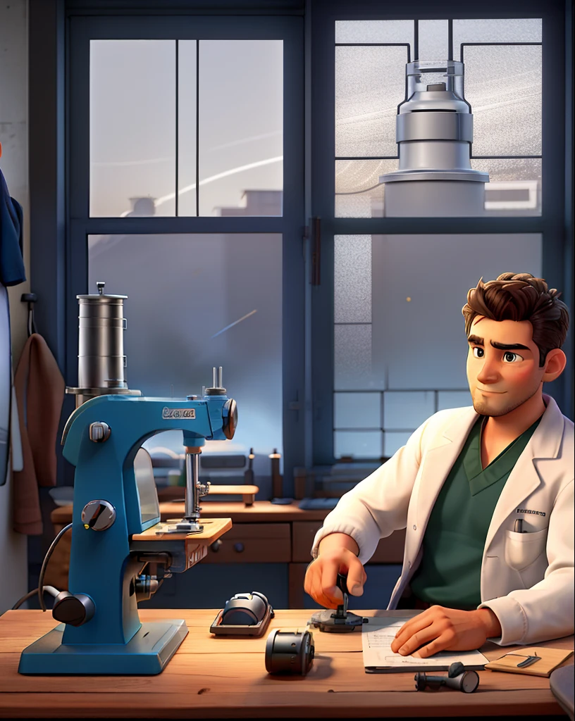 A man wearing a lab coat like a mechanic's , Next to it a small round table with a semi-disassembled industrial sewing machine and in the background a window, cortinas cor de vinho, poses while looking at the camera sideways, cabelos pretos, rosto com barba, rosto magro, In your hand a screwdriver , The sky that appears in the window is dark and starry
