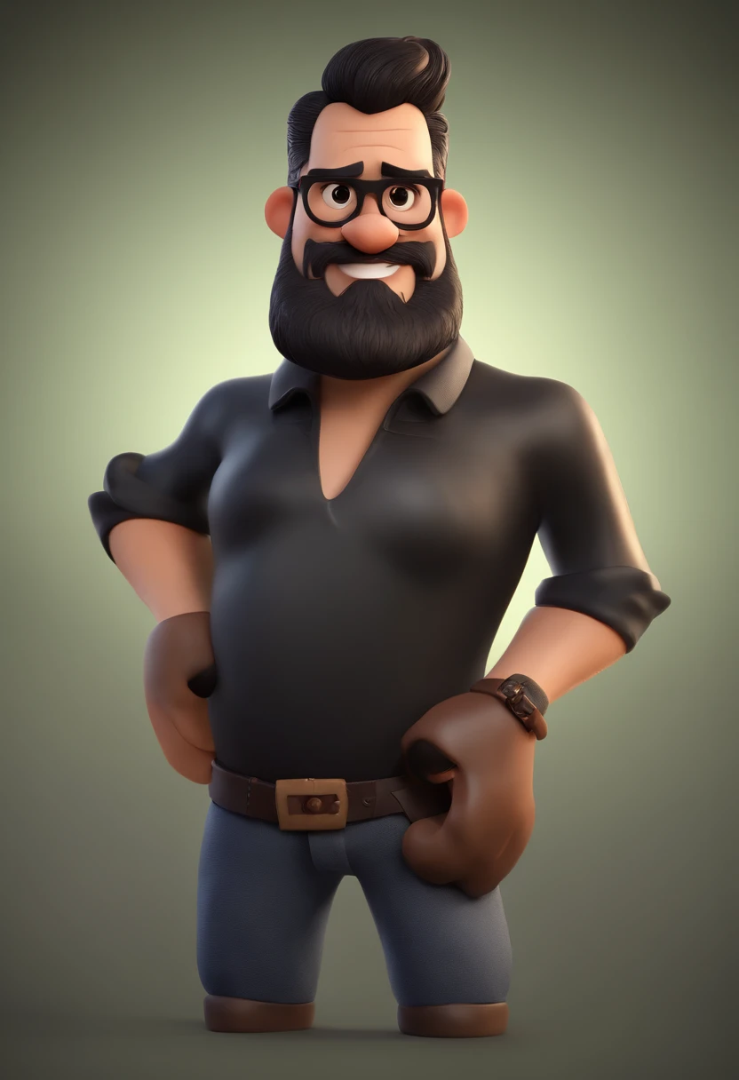 Cartoon character of a man with black glasses and a black polo shirt, cabelo liso, With beard and old school tattoo on his arm, animation character, Caractere estilizado, animation style rendering, 3D estilizado, Arnold Maya render, 3 d render stylized, toon render keyshot, Personagem 3D, Personagem 3D, 3d rendering stylized, 3 d character render, personagem de desenho animado, Personagem de close up, Pose de personagem, (Estilo Pixar) (master part:1.2) (Bokeh) (best quality) (pele detalhada) (textura detalhada) (8k) (argila) (Cinematic lighting) (foco nítido