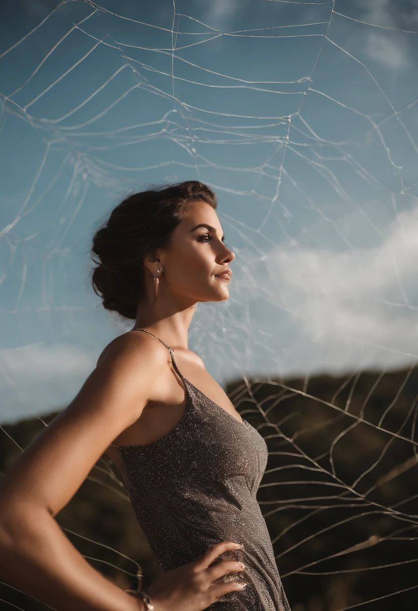 parte superior do corpo, sozinho, , power, Sorriso, Selfie, Olhando para o Viewer, cabelo liso preto, olhos castanhos, Segue-se o mulher -Aranha, spider web print, teia de aranha, blue skies, Gwen,