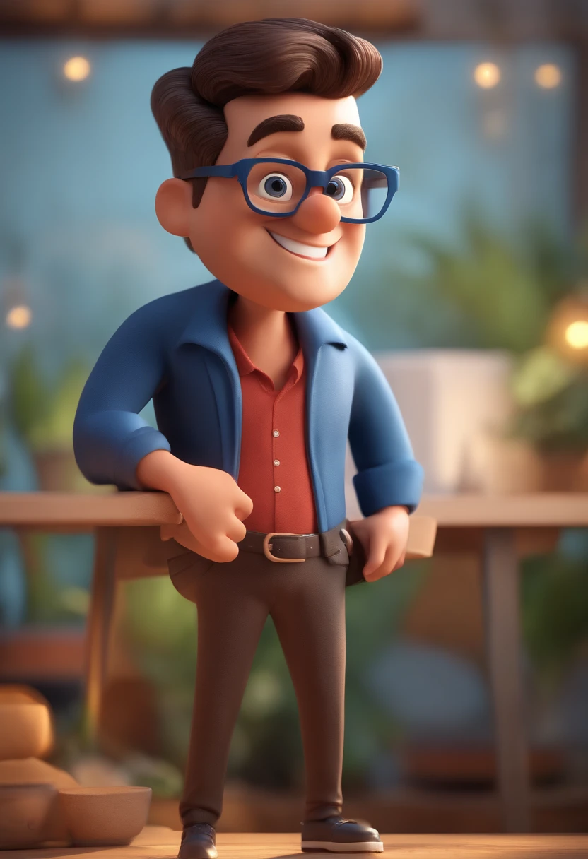 Cartoon character of a man with black glasses and a blue shirt, animation character, Caractere estilizado, animation style rendering, 3D estilizado, Arnold Maya render, 3 d render stylized, toon render keyshot, Personagem 3D, Personagem 3D, 3d rendering stylized, 3 d character render, personagem de desenho animado, Personagem de close up, Pose de personagem,  (Estilo Pixar) (master part:1.2) (Bokeh) (best quality) (pele detalhada) (textura detalhada) (8k) (argila) (Cinematic lighting) (foco nítido