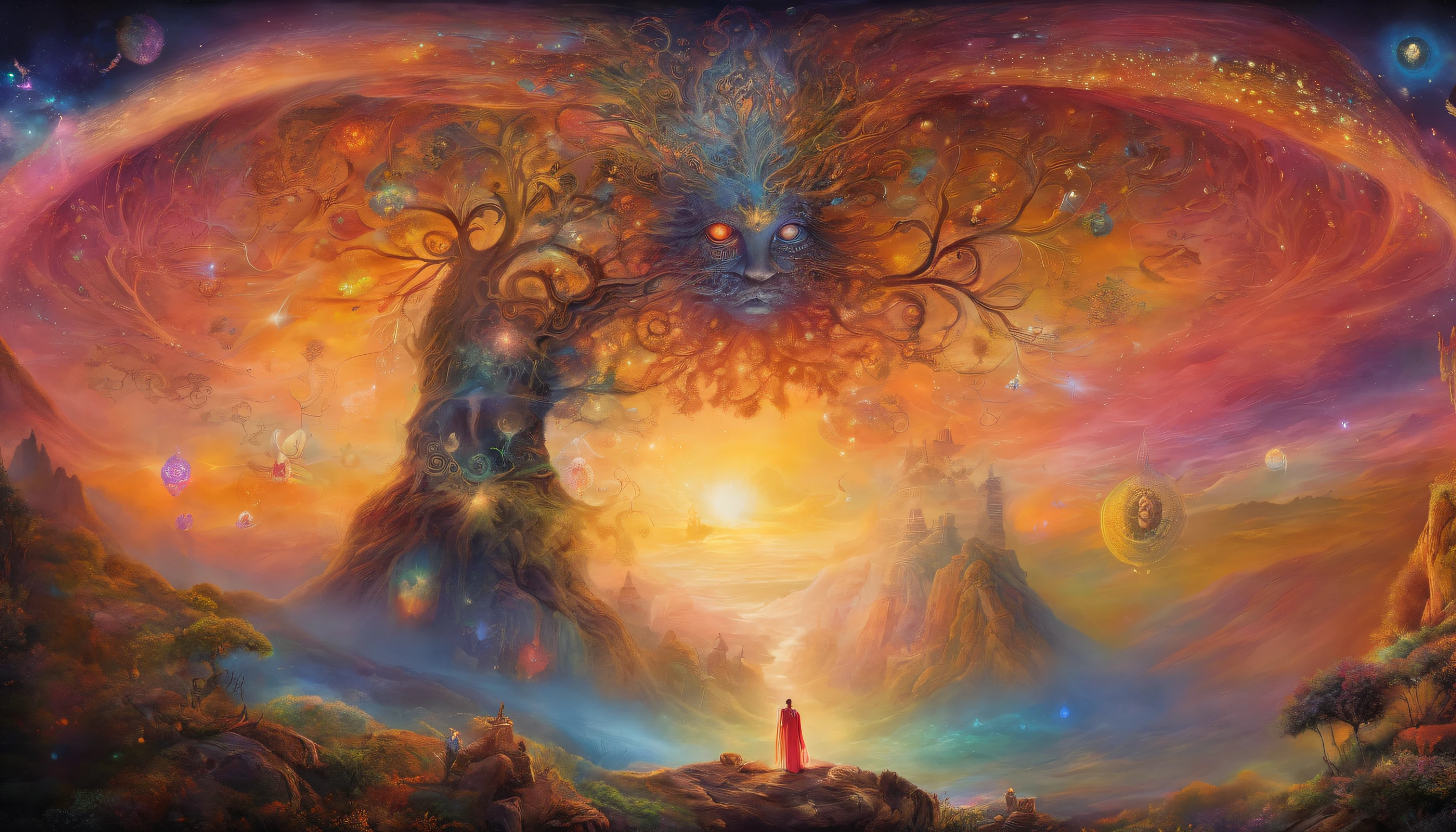 A painting of a man standing in front of a tree with a sky background ...