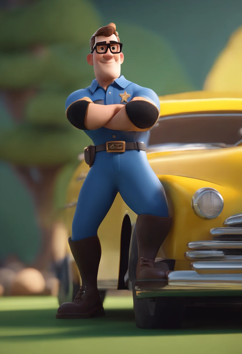 Cartoon character of a man wearing black glasses and a blue shirt, um personagem animado, Caractere estilizado, animation style rendering, 3D estilizado, Arnold Maya render, 3 d render stylized, toon render keyshot, Personagem 3D, Personagem 3D, 3d rendering stylized, 3 d character render, personagem de desenho animado, Personagem de close up, Pose de personagem, (Estilo Pixar) (master part:1.2) (Bokeh) (best quality) (pele detalhada) (textura detalhada) (8k) (argila) (Cinematic lighting) (foco nítido，Senta e vaza a parte superior do corpo