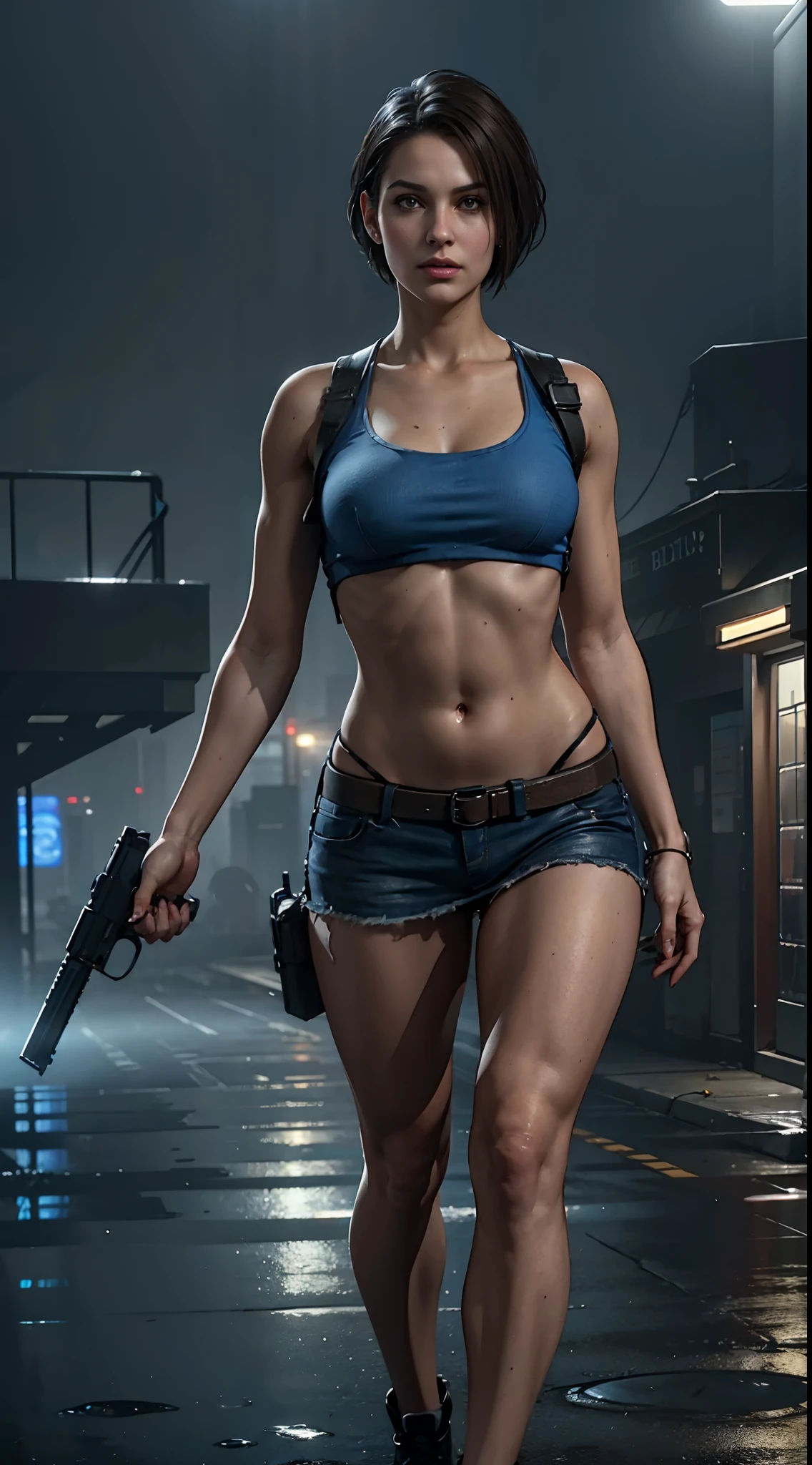 full body view, 1girl, cowboy shot of jill valentine showing clevage, zombie apocalypse,perfect belly,slim waist,wide hips,holding a pistol,blue tank top,black mini skirt, athletic,raccoon city,Resident Evil, Dead rising,rain, volumetric lighting, best quality, masterpiece, intricate details, tonemapping, sharp focus, hyper detailed, trending on Artstation, realistic,