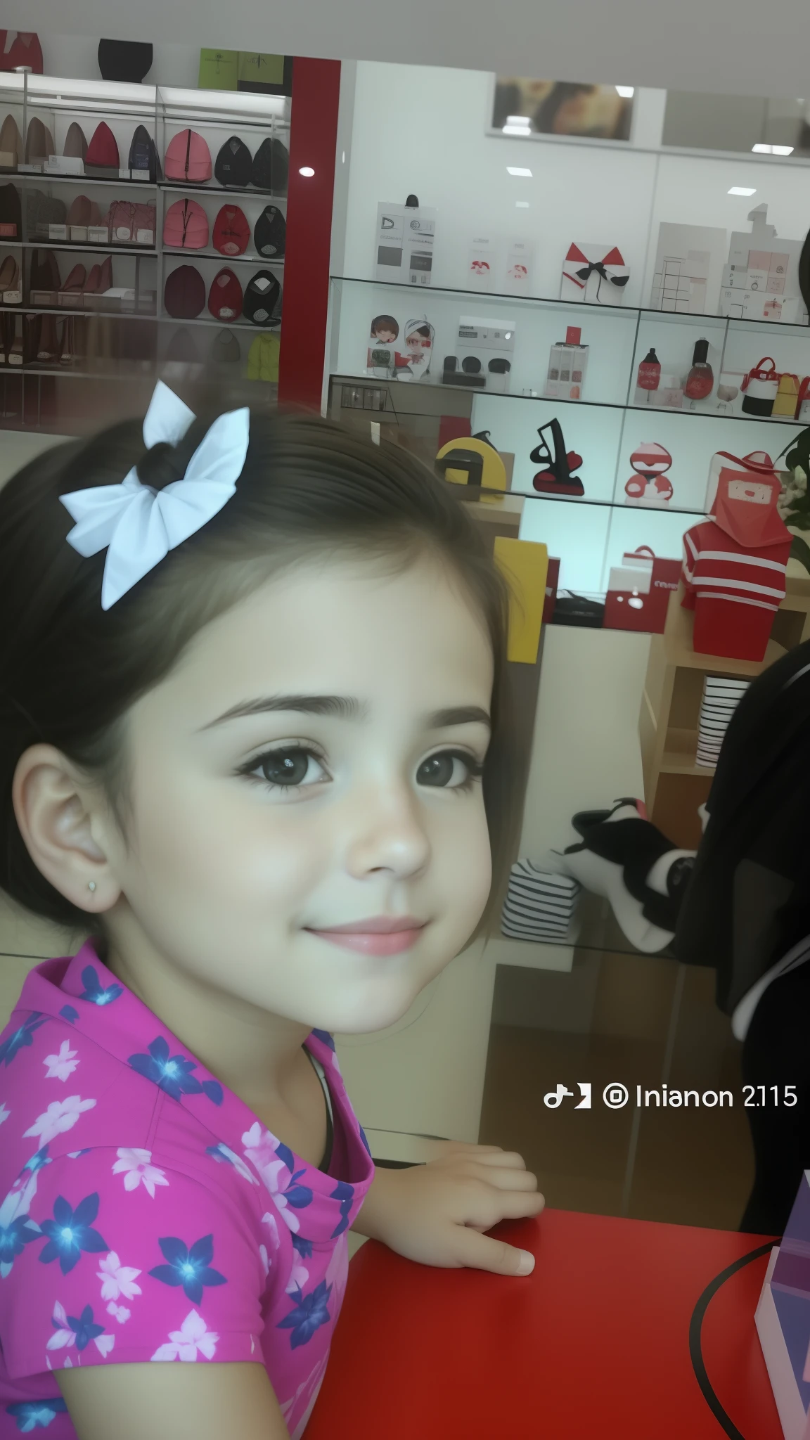 There's a girl sitting at a red table in a shop, ela tem um rosto bonito, 2 anos, em um shopping, aparecer em um shopping center, Rosto inocente, LinkedIn, Alanis Guillen, aw, Foto de perfil, olhar inocente, cara bonito, em um shopping, ela tem cerca de 2 a 5 anos de idade, olhando bonito, foto bonito