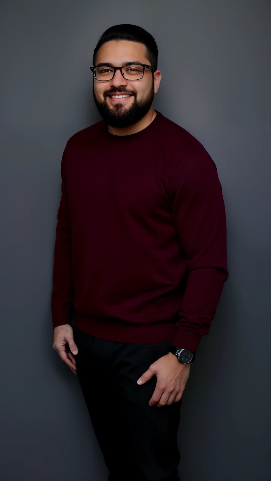 a man with glasses and a beard standing in front of a gray wall, maroon red, he is wearing a brown sweater, wearing a dark sweater, maroon, full body photogenic shot, full-body-shot, wearing casual sweater, long sleeves, profile shot, full body photograph, wearing a sweater, red sweater and gray pants, gradient maroon, wearing sweatshirt