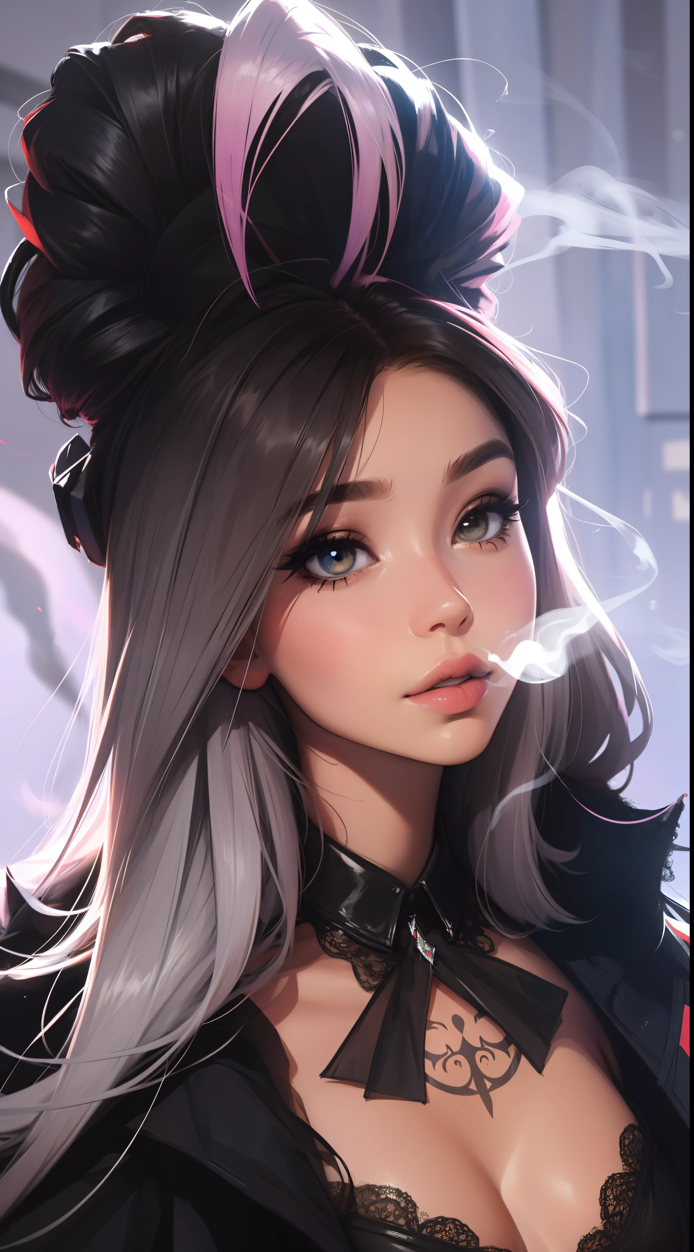 Dinity, (Smoke effect around his head,  beaucoup de vapeur effect) tatouage, maquillage, Paysage de nuit qui passe, Une belle fille avec, UHD Portrait, (High quality) (ultra details) Regarder le spectateur en tenue de ville de style hip-hop; different, colourfull, cheveux de plusieurscouleurs  longs 🌈