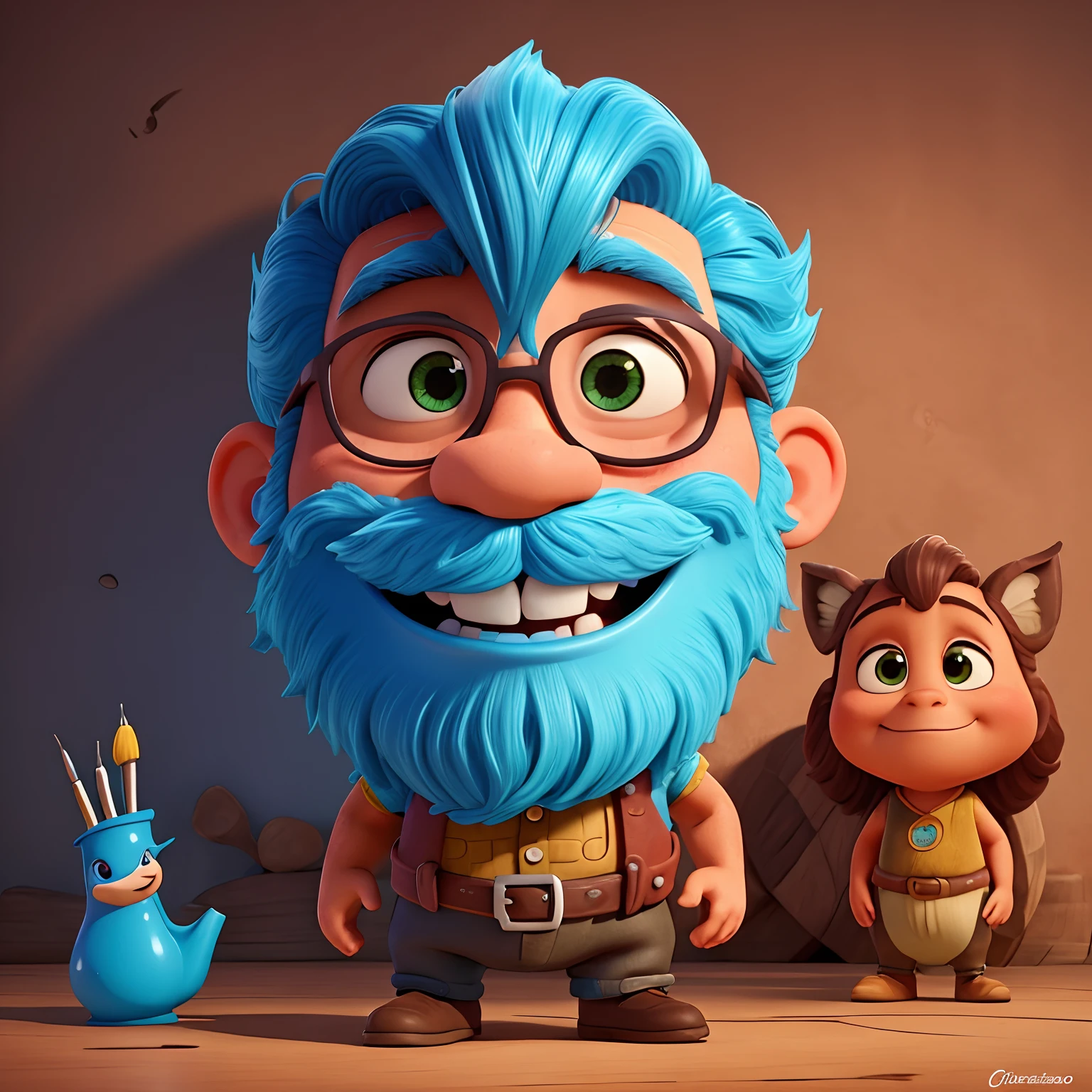 desenhe um poster 3d de personagem inspirado no universo disney pixar , com cores alegres, texturas detalhadas, with animation features, pele moreno claro homem, 54 anos, 2.04 cm de altura , dentista, usando jaleco azul marinho, mangas longas, sentado ao lado da cadeira odontologica, cabelos grisalhos curtos e barba grisalha curta , with a dental implant logo