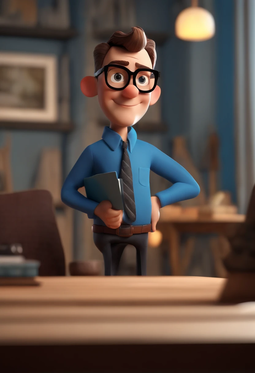 Cartoon character of a man wearing black glasses and a blue shirt, um personagem animado, Caractere estilizado, animation style rendering, 3D estilizado, Arnold Maya render, 3 d render stylized, toon render keyshot, Personagem 3D, Personagem 3D, 3d rendering stylized, 3 d character render, personagem de desenho animado, Personagem de close up, Pose de personagem, (Estilo Pixar) (master part:1.2) (Bokeh) (best quality) (pele detalhada) (textura detalhada) (8k) (argila) (Cinematic lighting) (foco nítido,Senta e vaza a parte superior do corpo