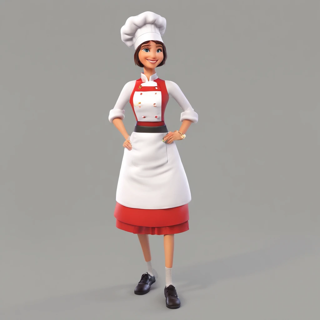 Crie uma cena de desenho animado  estilo 3d -Pixar, Onde uma mulher, de cabelos caxheados castanhos com 31 anos de idade, She's cooking dressed as a pastry chef.