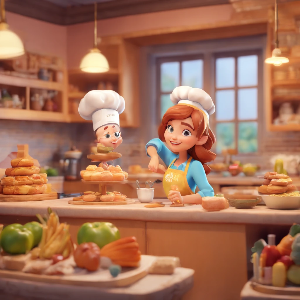 Crie uma cena de desenho animado estilo 3d -Pixar, Onde uma mulher, de cabelos lisos castanhos com 35 anos de idade, She's cooking dressed as a pastry chef.