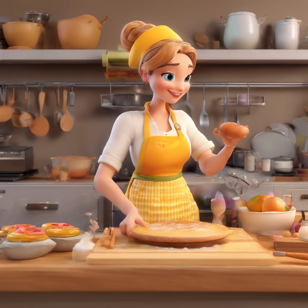 Crie uma cena de desenho animado  estilo 3d -Pixar, Onde uma mulher, de cabelos lisos castanhos com 35 anos de idade, She's cooking dressed as a pastry chef.