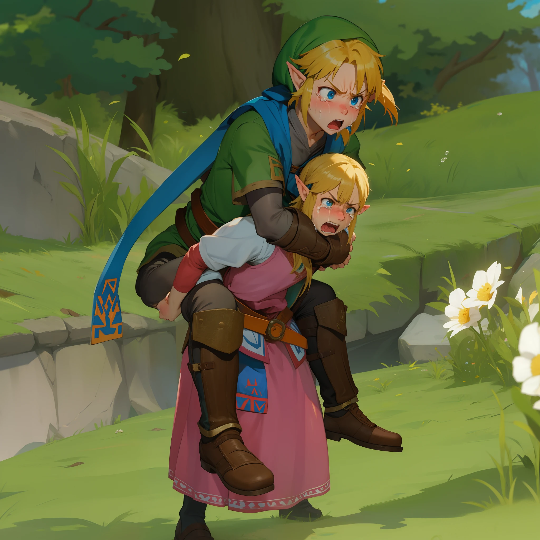 piggyback ride, size difference, struggling, angry, crying, zelda, link, white skin,