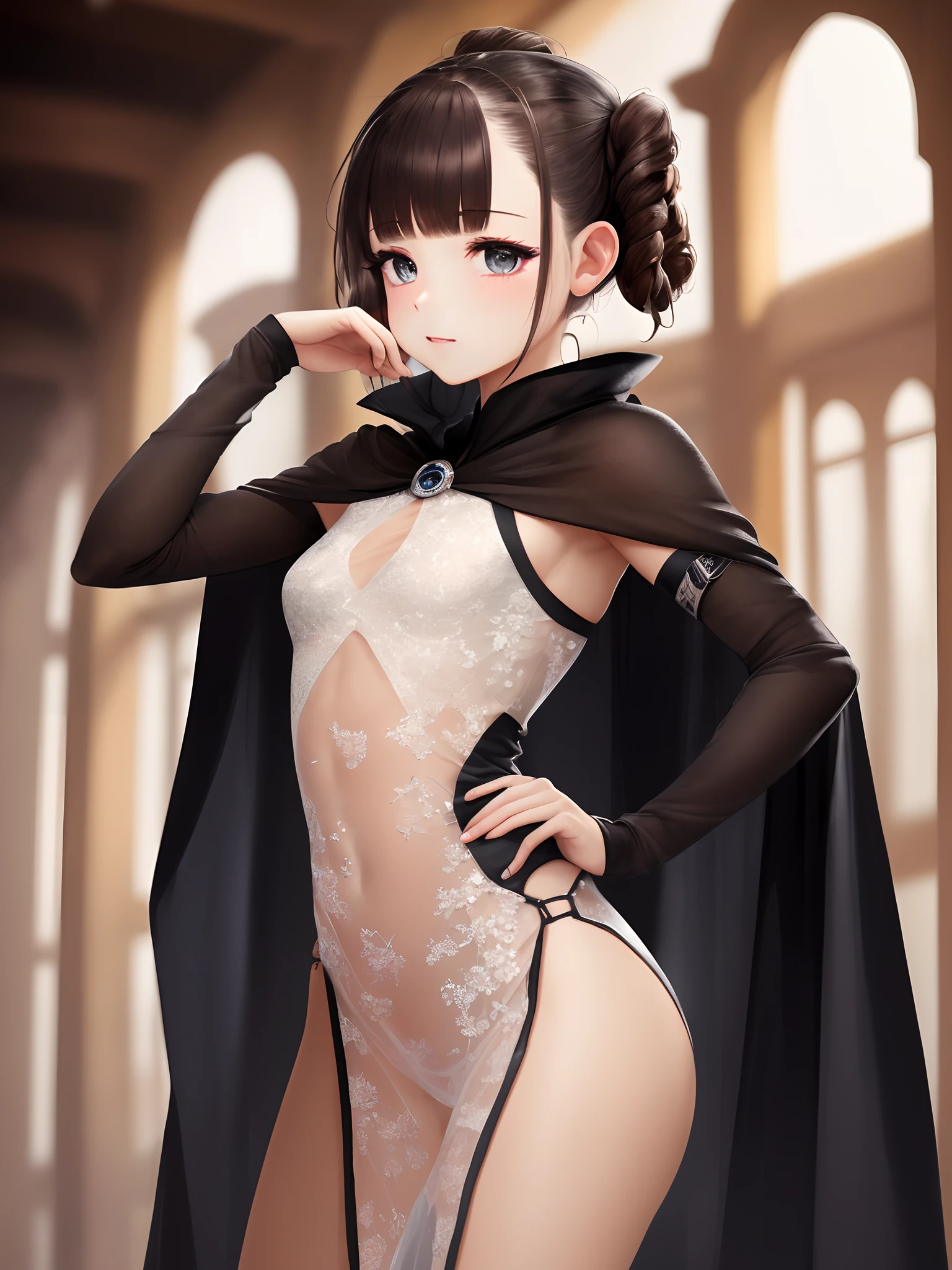 ((master piece)),Best Quality, (8K, Best Quality, masutepiece:1.2), Ultra-detailed,Woman in Princess Leia-style costume,It is a see-through cape,Costume with exposed skin,The costume is small,an extremely beautiful 17-year-old girl, (kawaii:1.2),