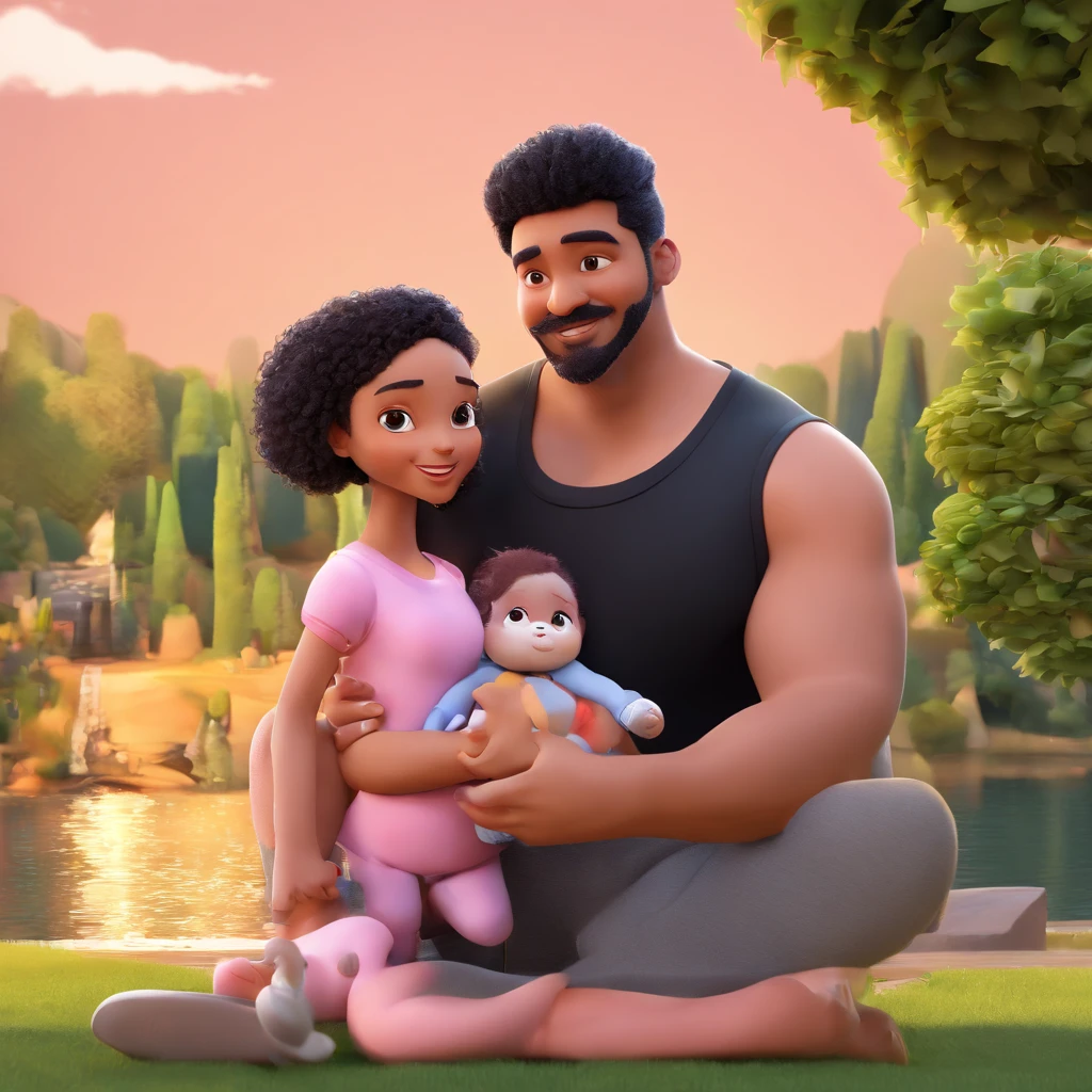 create a 3D movie poster inspired by Disney Pixar, The scene should be in Pixar's signature digital art style, with a young woman of Japanese descent holding a small baby on her lap and next to her husband. Mulher tem cabelos pretos e lisos, freckles on his cheeks and is wearing a gray T-shirt and black leggings. Baby girl is wearing pink onesie, tem cabelo escuro e curto. O marido tem cabelos escuros e arrepiados, barba e bigode pequenos, Is wearing a black tank top and gray shorts. they're in a park