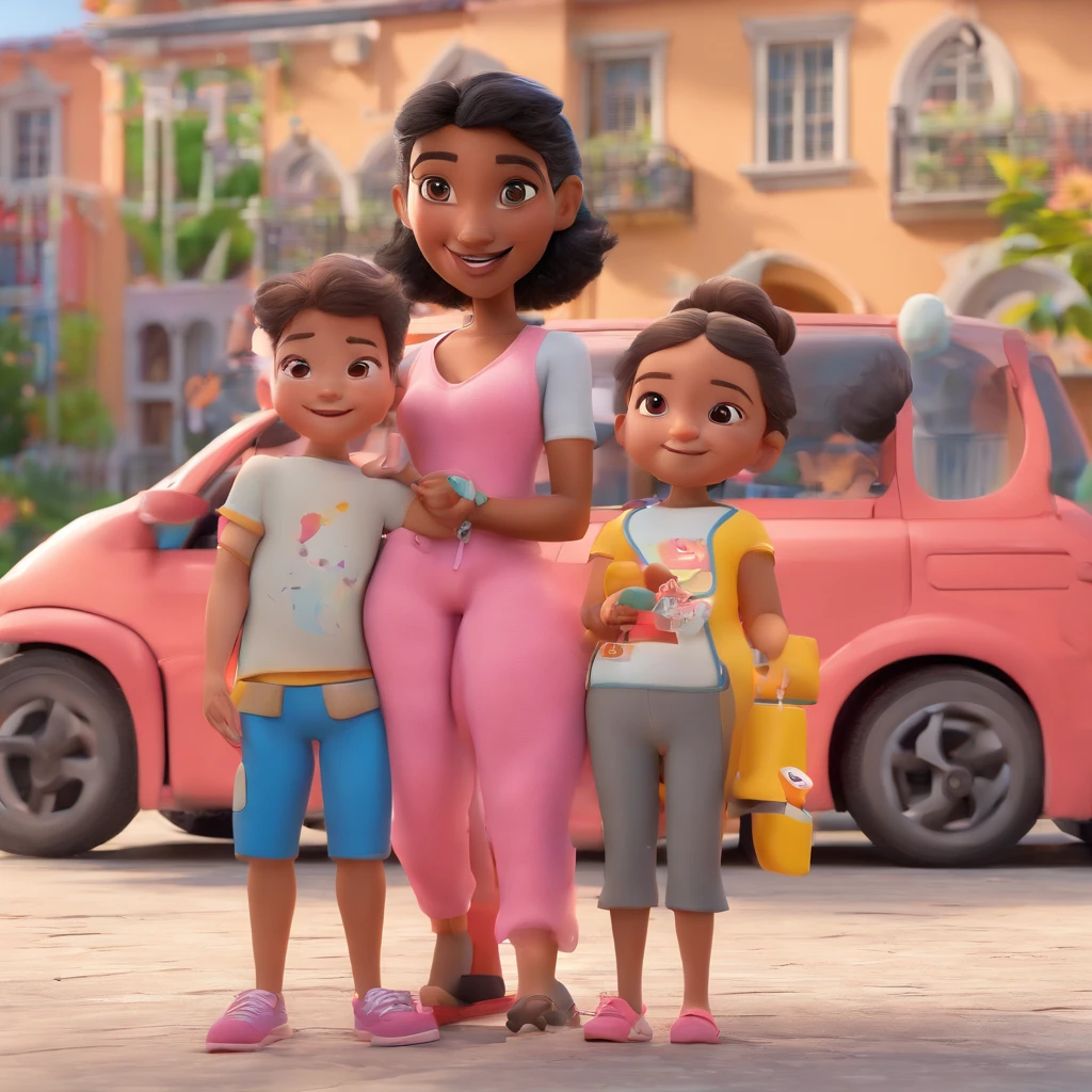 create a 3D movie poster inspired by Disney Pixar, The scene should be in Pixar's signature digital art style, with a young woman of Japanese descent holding a on her lap and next to her husband. Mulher tem cabelos pretos e lisos, freckles on his cheeks and is wearing a gray T-shirt and black leggings. Baby girl earing pink onesie, tem cabelo escuro e curto. O marido tem cabelos escuros e arrepiados, barba e bigode pequenos, Is wearing a black tank top and gray shorts. they're in a park