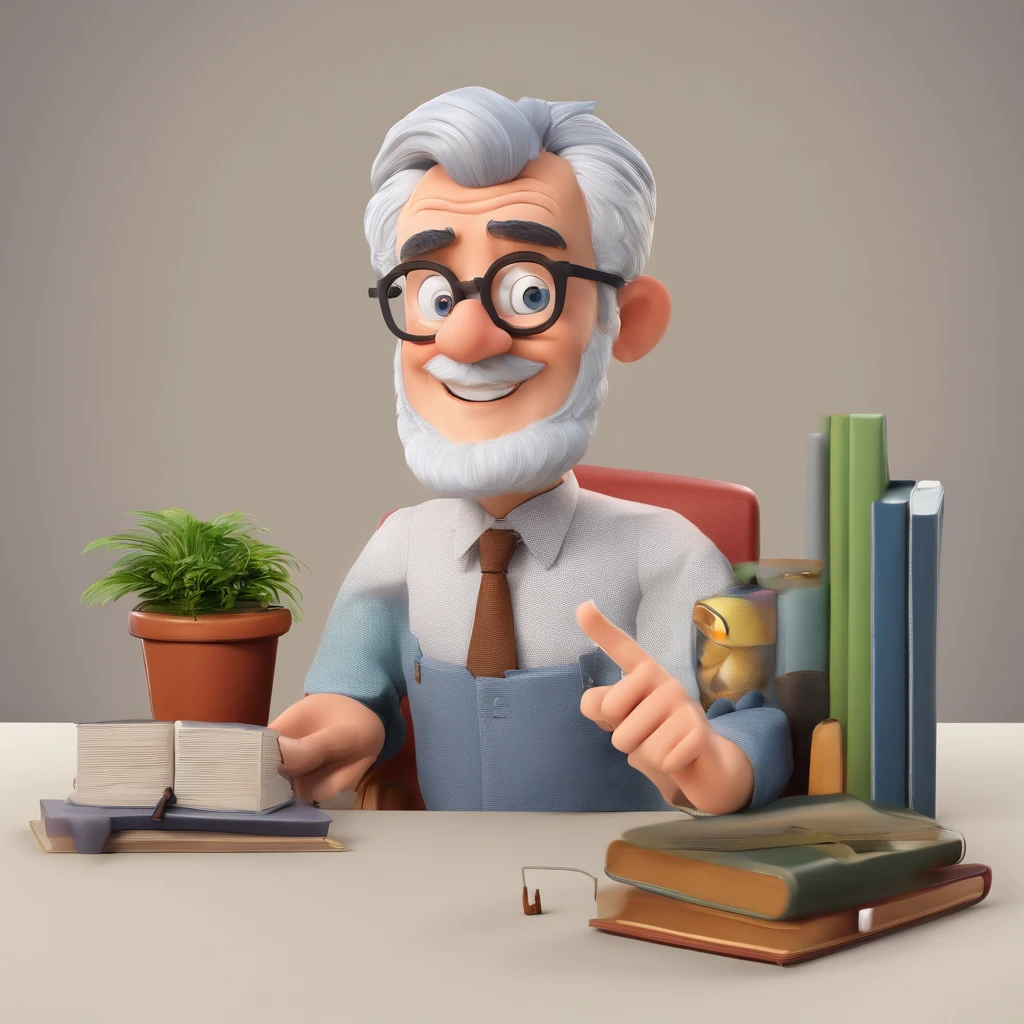 Crie um cartaz inspirado na Disney Pixar com o personagem sendo o pastor Rubens Janier, A gray-haired man wearing glasses, in an office with a Bible on the table, Looking forward and serious