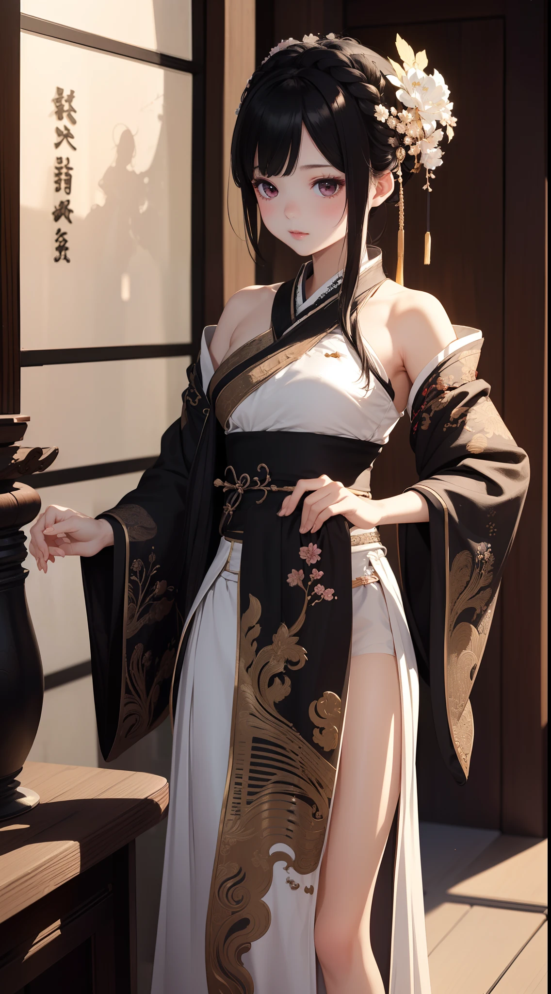 ((Best quality)), ((Masterpiece)), ((Ultra-detailed)), (illustration), (Detailed light), (An extremely delicate and beautiful),A charming young girl,Dramatic perspective,(((Hanfu long skirt))),Short black hair,