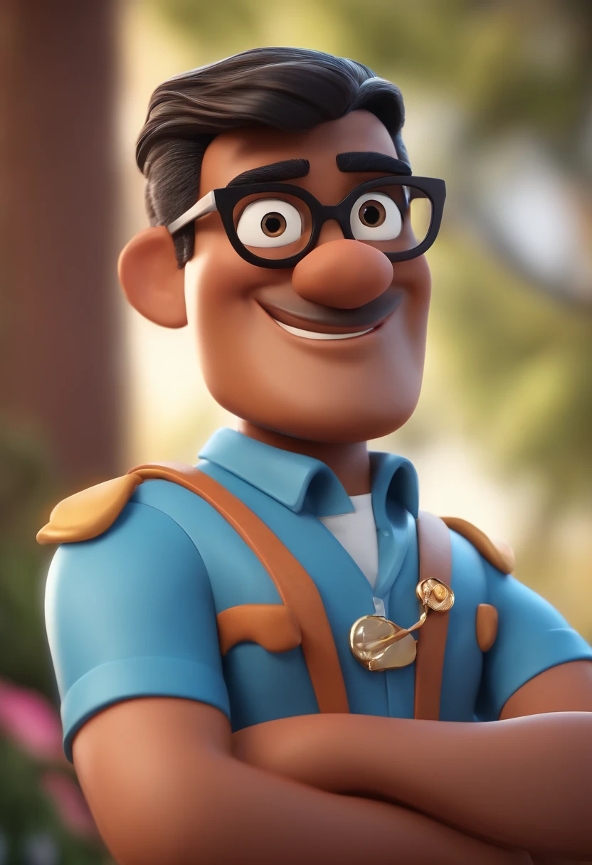 Cartoon character of a man with black glasses and a blue shirt, animation character, Caractere estilizado, animation style rendering, 3D estilizado, Arnold Maya render, 3 d render stylized, toon render keyshot, Personagem 3D, Personagem 3D, 3d rendering stylized, 3 d character render, personagem de desenho animado, Personagem de close up, Pose de personagem,  (Estilo Pixar) (master part:1.2) (Bokeh) (best quality) (pele detalhada) (textura detalhada) (8k) (argila) (Cinematic lighting) (foco nítido