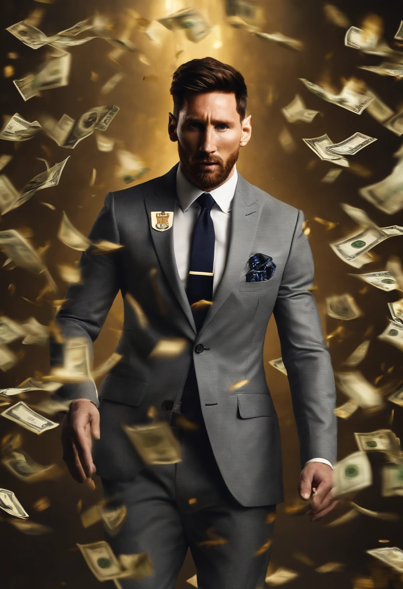 Messi segurando uma bola dourada, surrounded by men in FIFA-branded suits with dollars flying everywhere