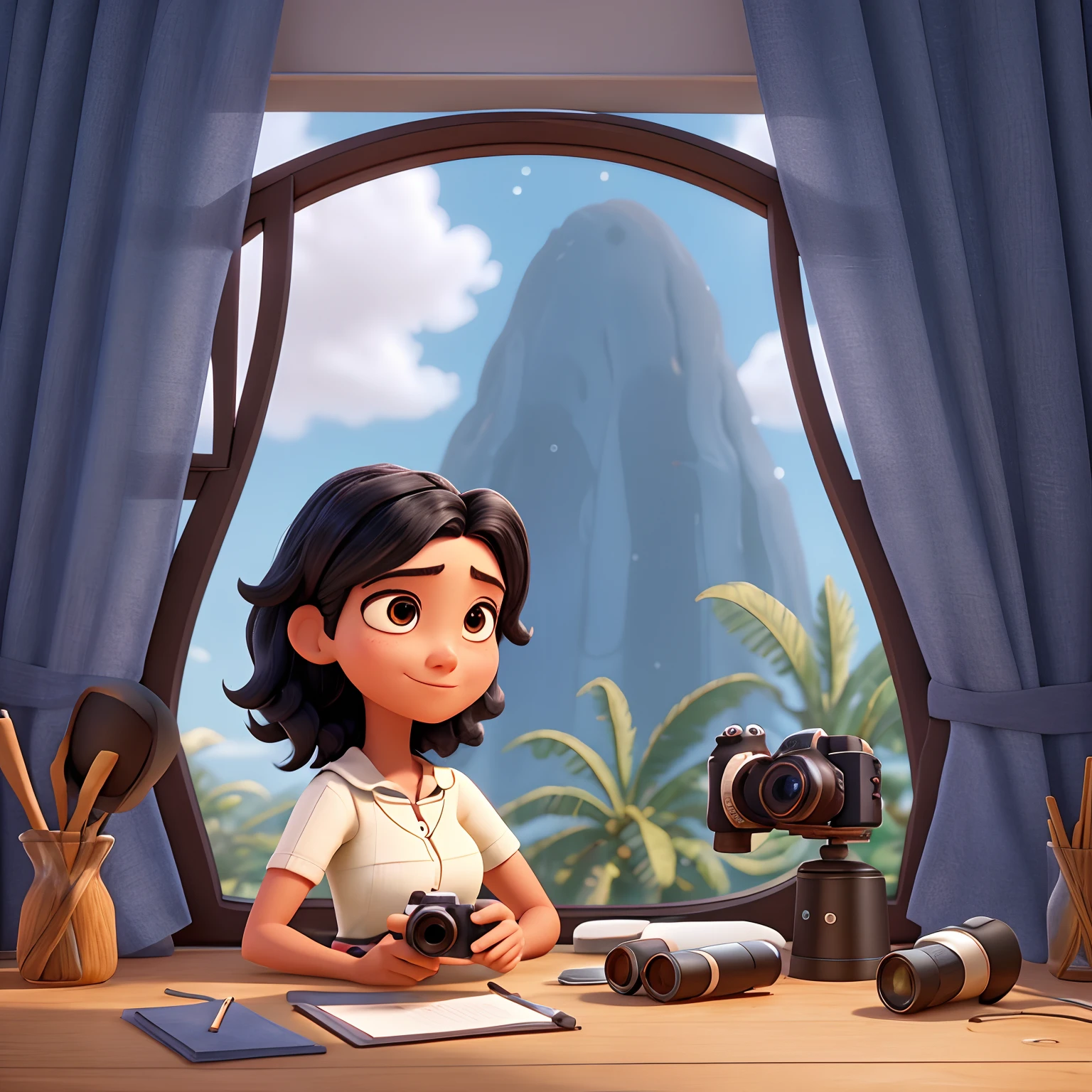 Pixar character of woman photographer with black hair below her shoulders, usa touca de Natal , olhos marrons, pele branca. Is holding a camera. Ao fundo bocke de luzes de natal e Pinheiro, paredes bege, To your right are two windows with natural light and white curtains