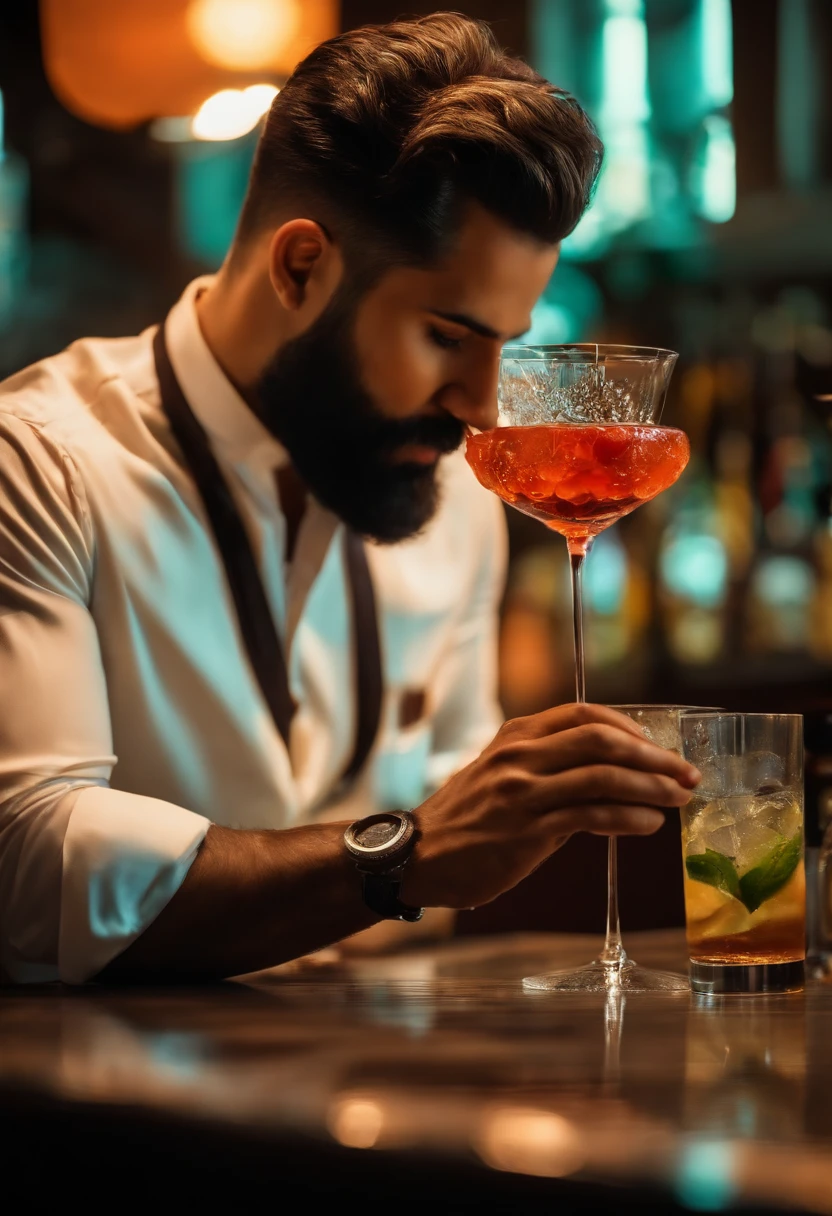 Barman de cabelo e barba curta, blusa preta preparando um drinks