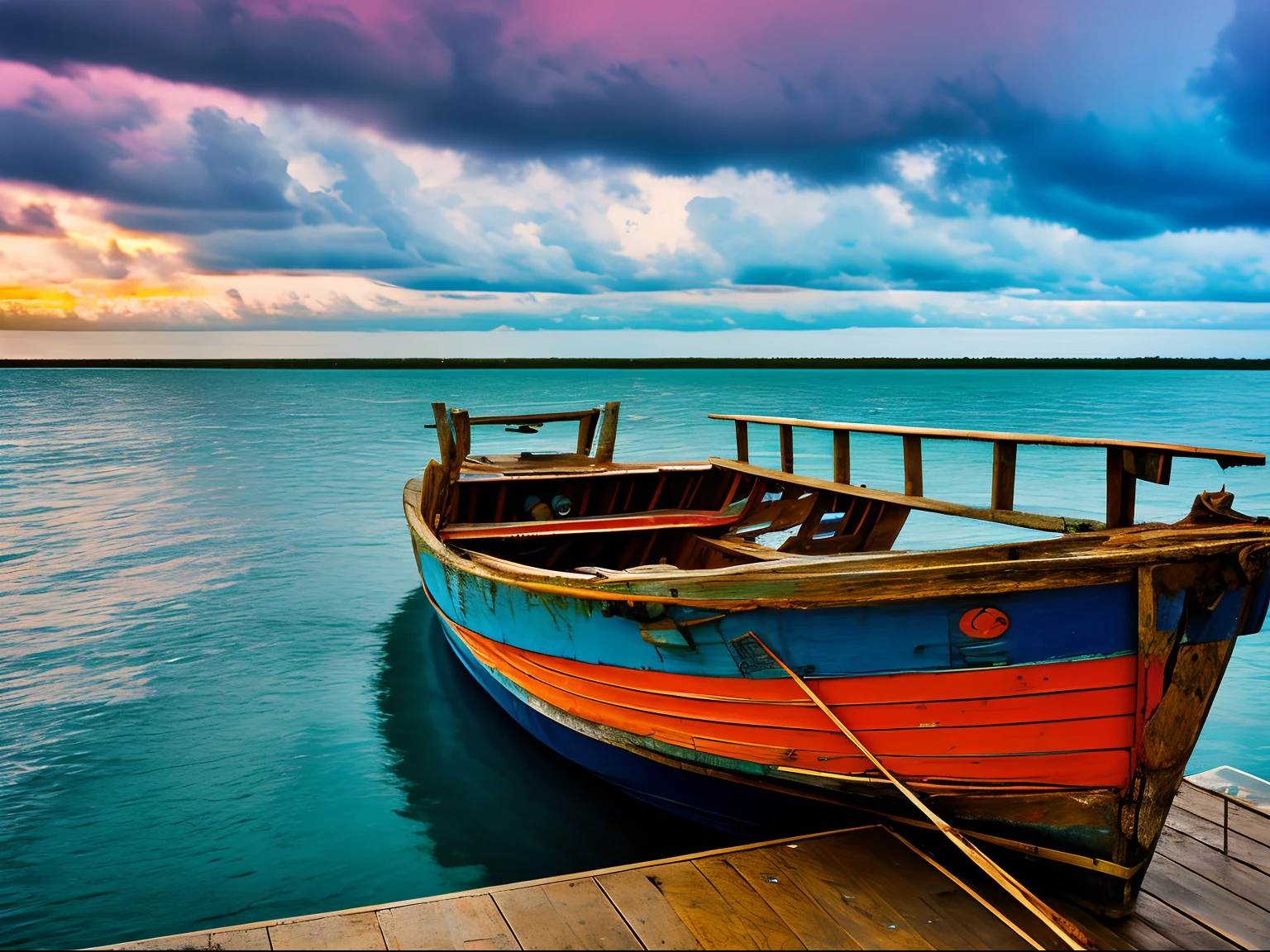 [Diagonal shot], [Old fishing boat], [moored at a dock], with pristine and serene waters, [sunrise], stormy weather, [eye view angle], Lomography Color 100, analog camera, saturated colors