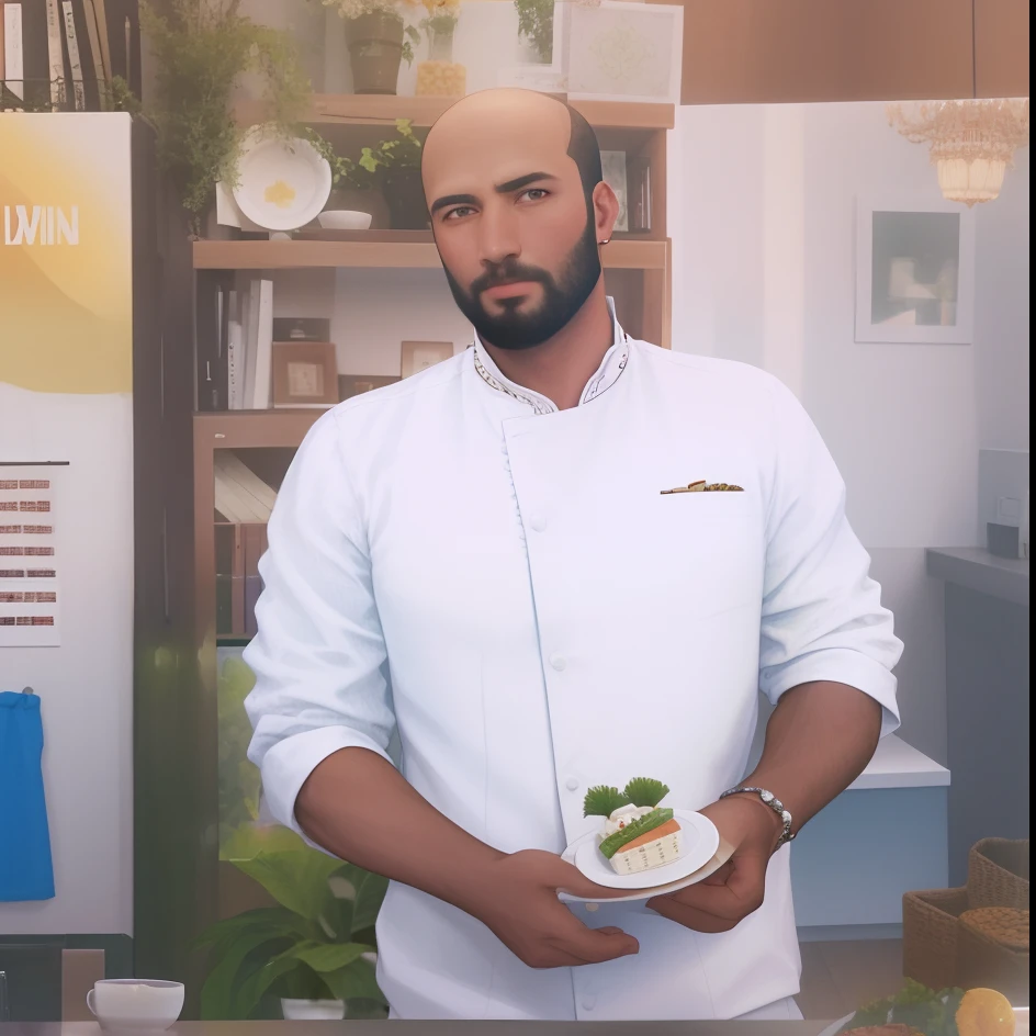 Arafed man standing in front of a table with a plate of food, cooking show, Directed by: Luis Molinari, Pablo Oliveira, Moralidade Yan, Pablo Perdomo, Afonso Azpiri, inspired by david rubín, Carmelo Blandino, david rios ferreira, Pablo Amaringo, victor maristane, Directed by: Giorgio Cavallon, José Moncada