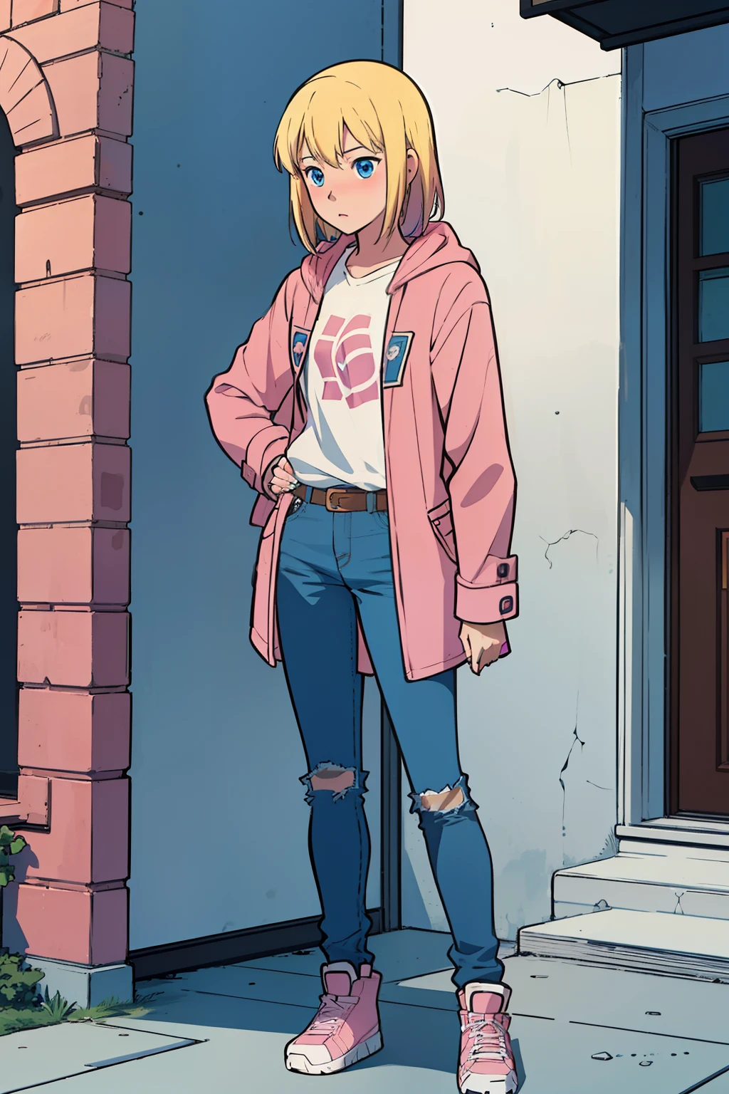 solo, 1girl, (masterpiece), ((16 year old appearance)), Blonde hair, Medium hair, blue eyes, anime girl,  small breasts, pink coat, jeans