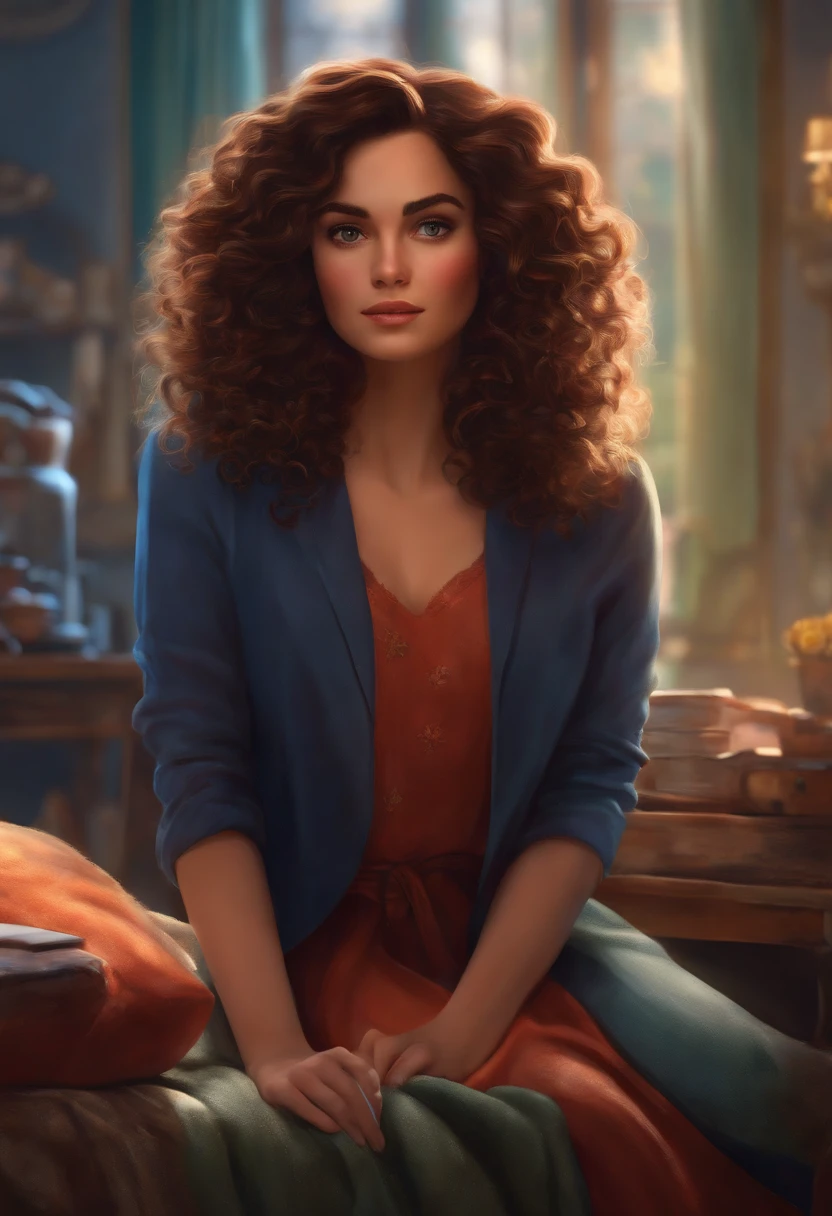 PIXAR STYLE, BRUNETTE WOMAN, CURLY HAIR, HIGH QUALITY, BEST QUALITY