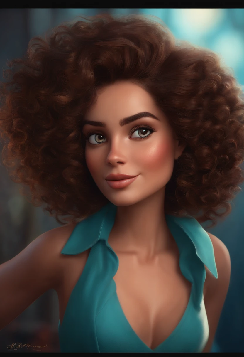 PIXAR STYLE, BRUNETTE WOMAN, CURLY HAIR, HIGH QUALITY, BEST QUALITY